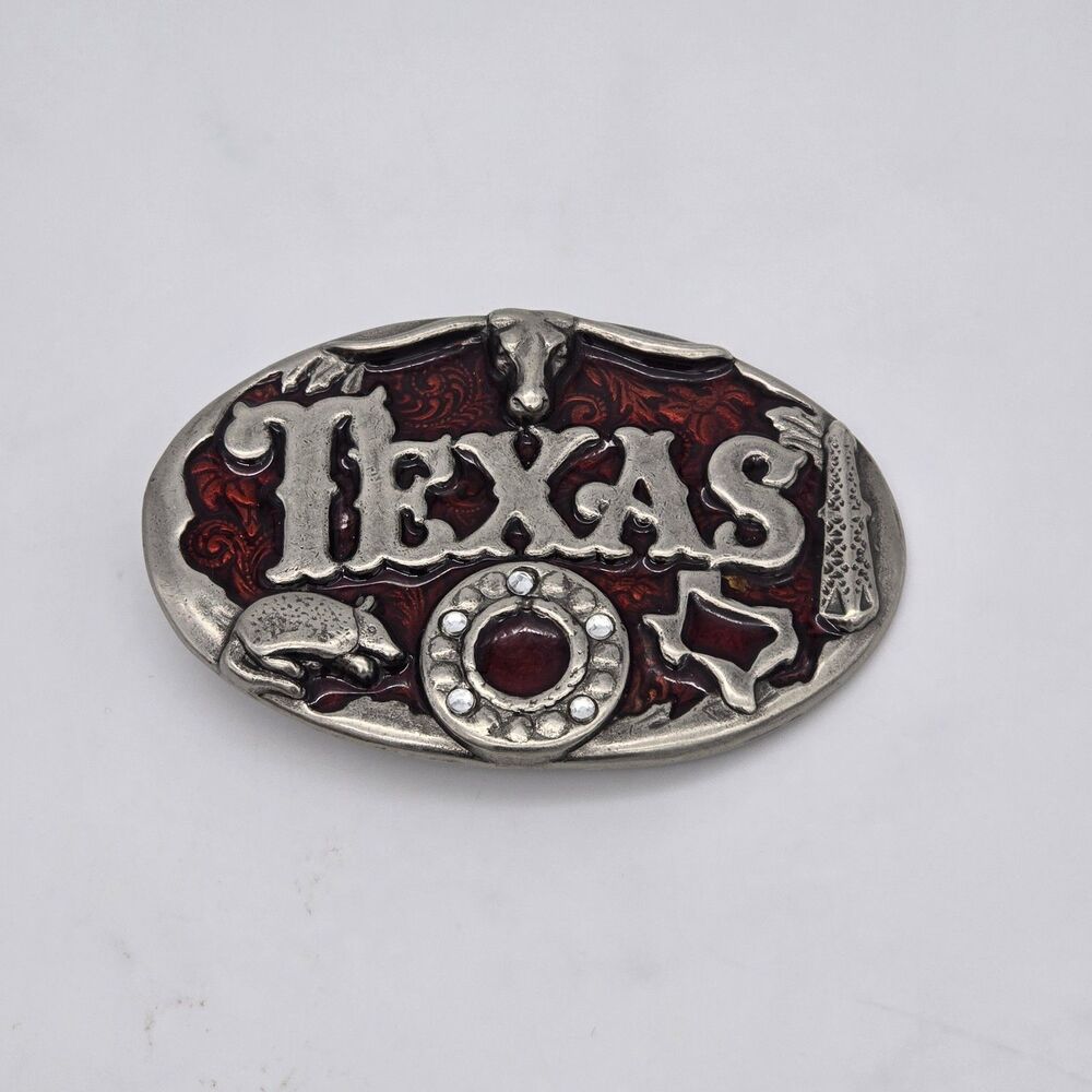 Vintage Texas Red Enamel Belt Buckle Armadillo Oil Derrick Longhorn